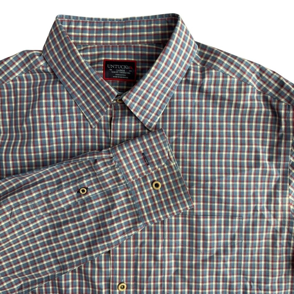 Untuckit Mens Button‎ Up Shirt L Slim Fit Checkered Blue Red Casual Long Sleeve